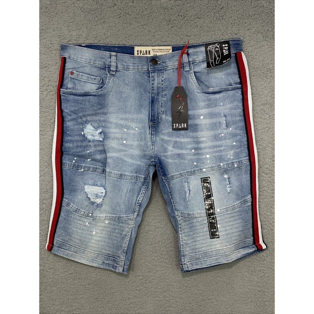 SPARK MEN Shorts Sz 38 Grunge Paint Splash Destroyed Biker Distressed Jean Short